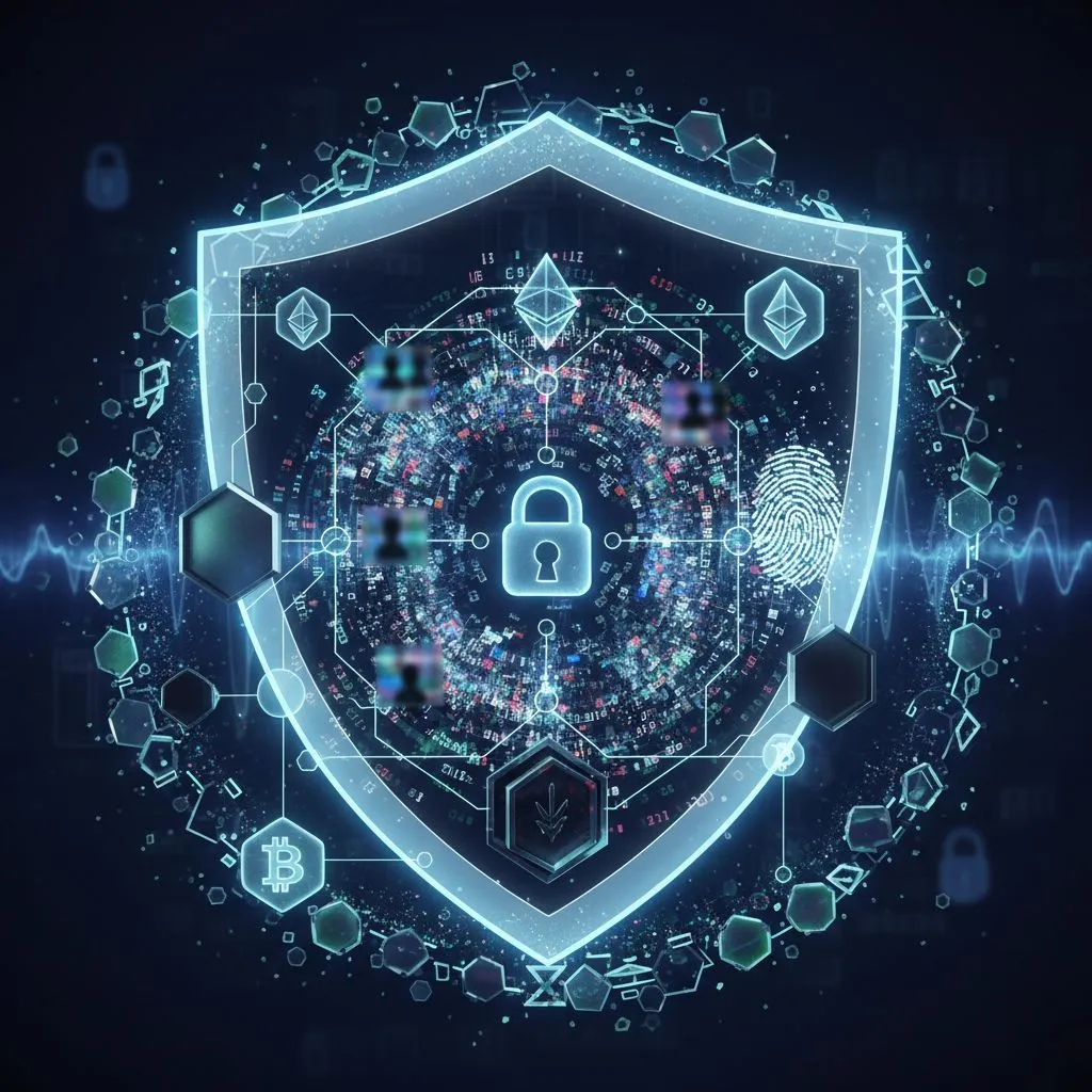 An abstract representation of privacy and anonymity in cryptocurrency, featuring obscured personal data, locked digital symbols, and blockchain elements, highlighting secure and discreet transactions.