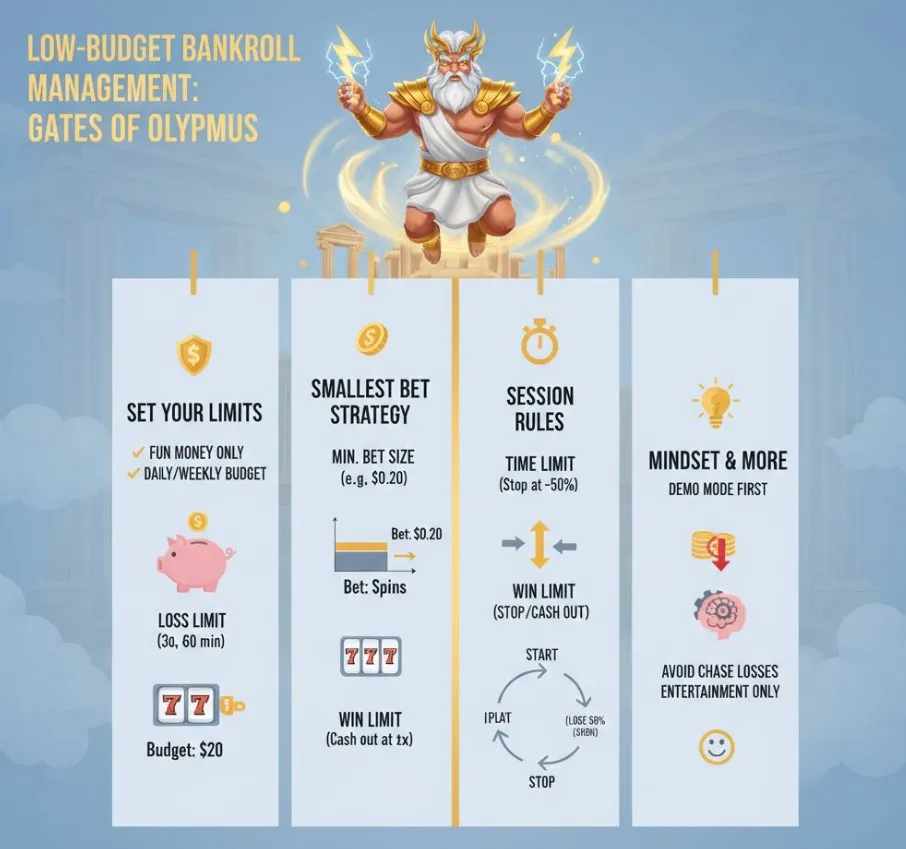 A visual guide to low-budget bankroll management for Gates of Olympus, depicting a player's small budget being carefully divided, with emphasis on minimal bet sizes and setting limits.