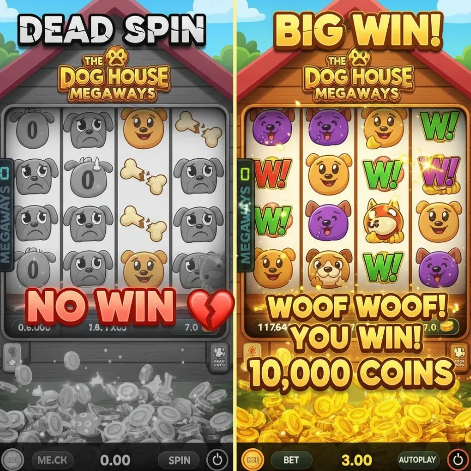 An image depicting multiple non-winning or low-paying outcomes on The Dog House Megaways reels, with dog characters appearing slightly disappointed, emphasizing the frequency of "dead spins.
