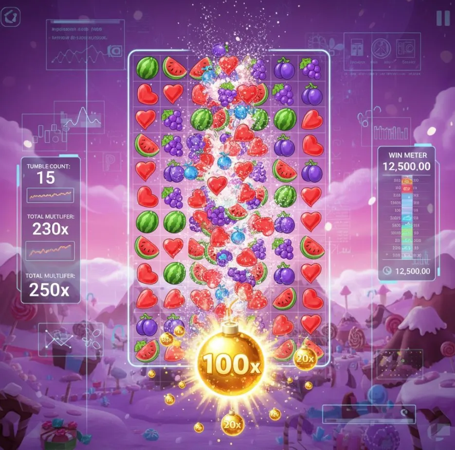 A dynamic visual showing the Sweet Bonanza game grid in action, with winning symbols cascading and multiplier bombs highlighted, alongside subtle indicators of data being recorded or tracked in real-time.