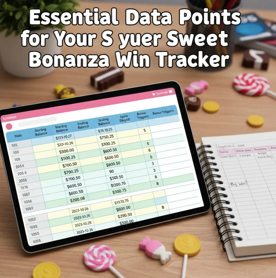 A close-up of a digital spreadsheet or a notebook with columns and rows filled with hypothetical Sweet Bonanza game data, such as "Date," "Starting Balance," "Ending Balance," "Spins Played," and "Bonus Triggers."