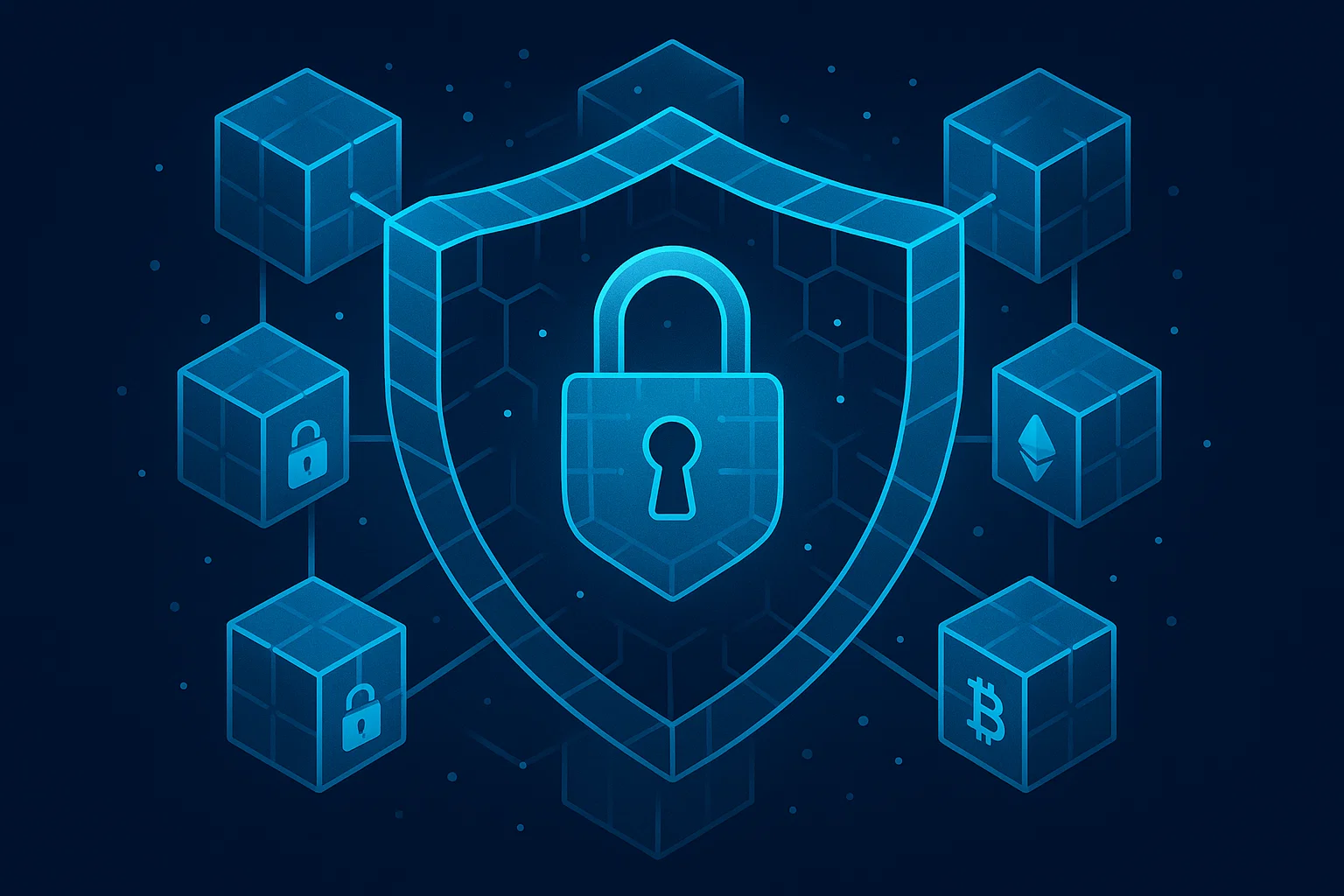 A visual metaphor for blockchain security, depicting interconnected digital blocks forming a shield or vault, protecting user data and transactions, with lock icons and cryptocurrency symbols.