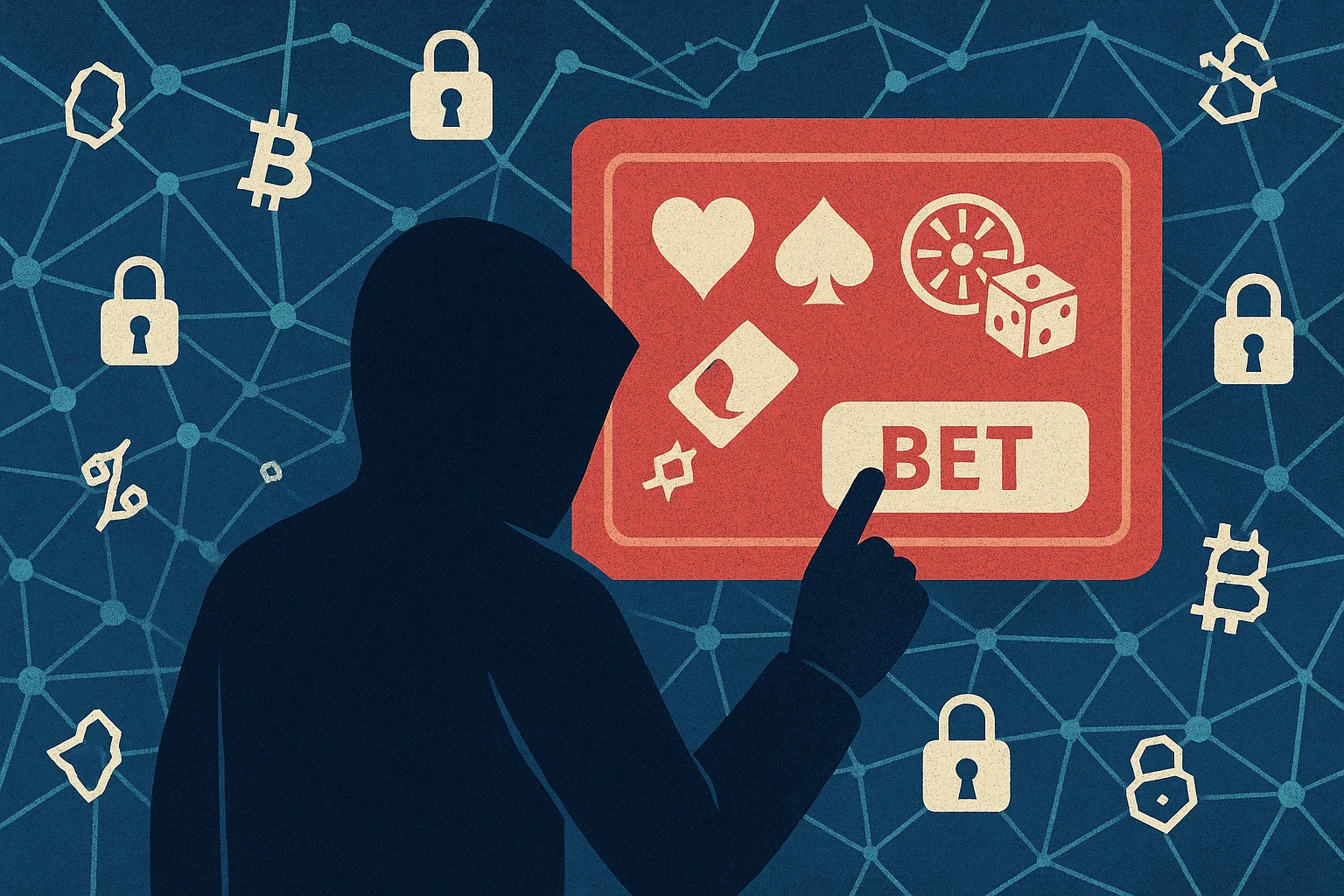 An abstract image illustrating digital anonymity in online gambling, with a silhouette of a person interacting with a casino interface, surrounded by cryptographic symbols and blockchain network lines, emphasizing privacy.
